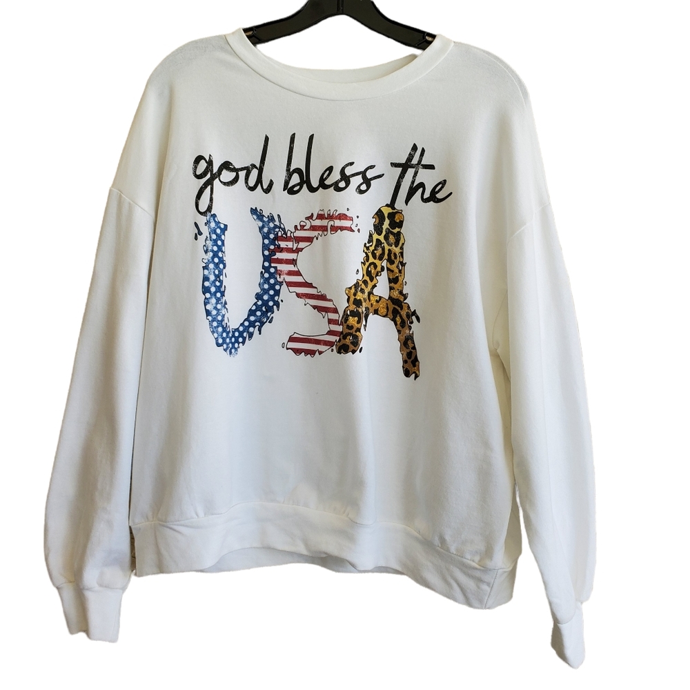 God Bless the USA White Crew Neck Sweatshirt Stripes Leopard Print Polka Dots M